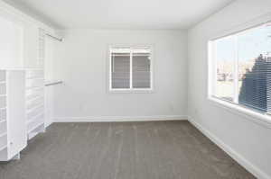 Walk in closet featuring dark colored carpet