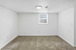 Carpeted spare room with a textured ceiling and a smoke detector