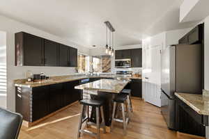 Kitchen with stainless steel appliances, a breakfast bar area, light wood finished floors, a center island, and decorative light fixtures