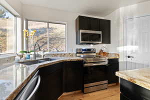 Kitchen with stainless steel appliances, light stone counters, light wood finished floors, and dark cabinets