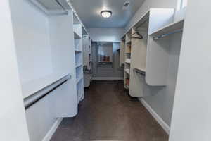 Walk in closet with dark carpet