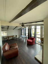 Game room with billiards, beamed ceiling, and ceiling fan
