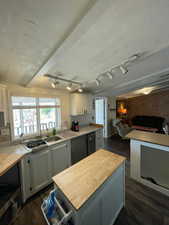 Kitchen with wood counters, dark wood-style floors, a kitchen island, black dishwasher, and rail lighting