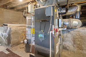 Utility room featuring water heater and heat pump