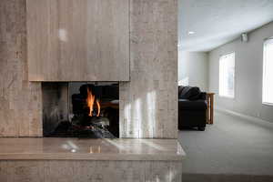 Detailed view of carpet flooring, a warm lit fireplace, a textured ceiling, and recessed lighting