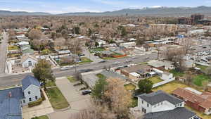Aerial perspective of suburban area with mountains