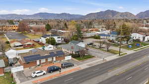 Aerial perspective of suburban area with mountains
