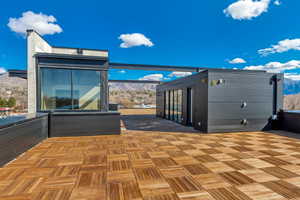 View of patio featuring a mountain view