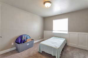 Bedroom featuring a decorative wall, a wainscoted wall, and carpet