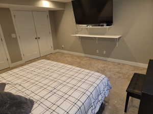 Bedroom with light carpet and a closet