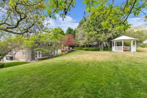 Expansive lawn area featuring a white gazebo with a pitched roof, mature trees, and a terraced garden bed