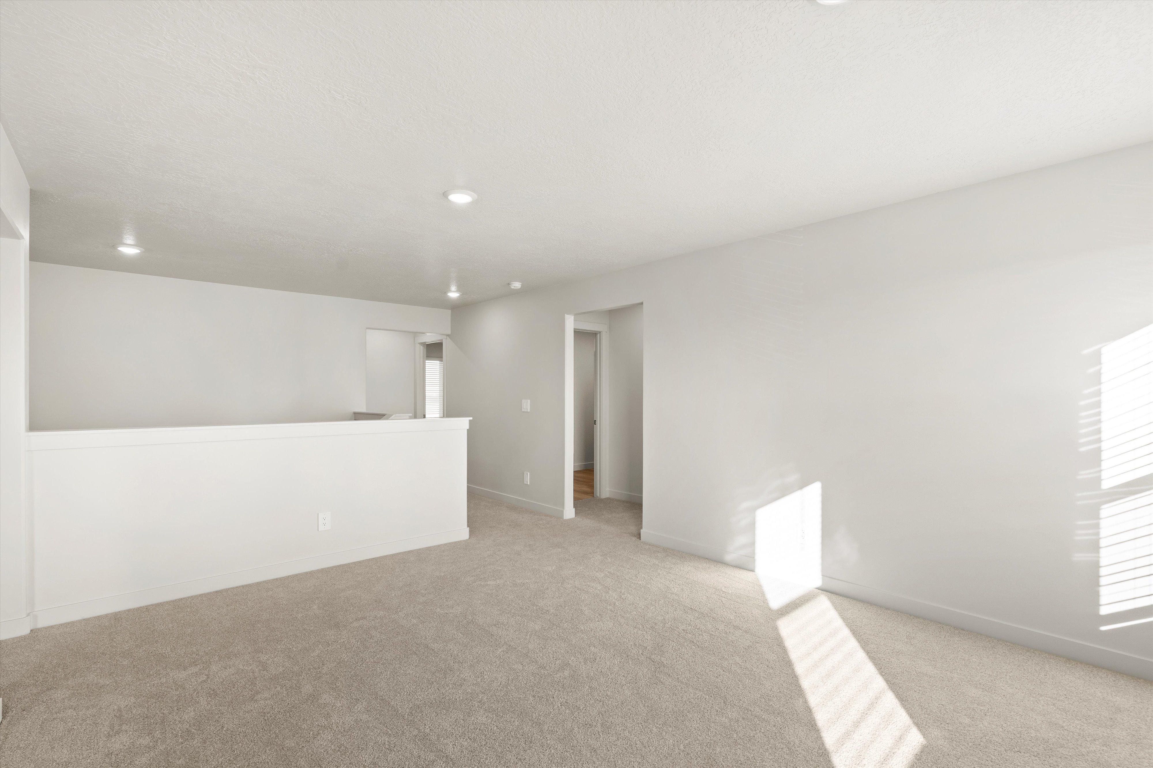 Spare room featuring light colored carpet and recessed lighting
