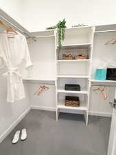 Walk in closet with dark carpet