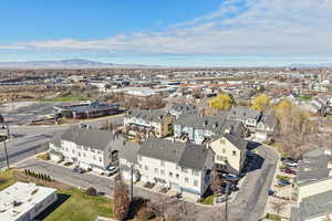 Aerial view of residential area with a mountain backdrop