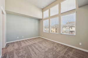 Carpeted Primary  bedroom featuring grand windows and high ceilings