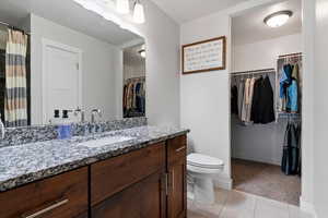 Primary suite features a walk-in closet and large soaking tub with tile surround