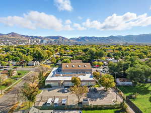 Aerial view of a mountain backdrop