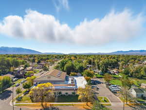 Aerial perspective of suburban area featuring a mountain backdrop