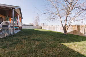 Fenced backyard featuring a patio and a deck