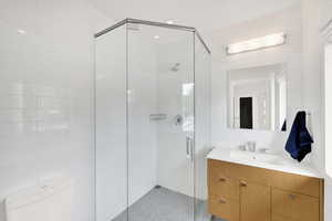 Full bathroom with tile walls, vanity, a stall shower, and dark speckled floor