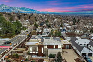 Aerial view at dusk of a mountain view and a residential view