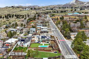 Aerial view of residential area with mountains