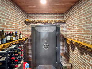 Detailed view of brick wall and wood ceiling