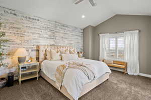 Bedroom featuring an accent wall, recessed lighting, dark carpet, and a ceiling fan