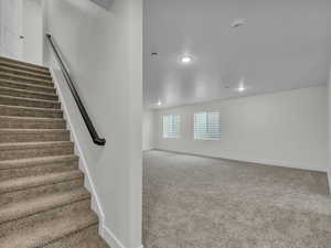 Staircase featuring carpet flooring and a textured ceiling
