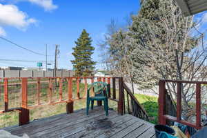 Wooden deck featuring a fenced backyard