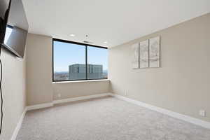 Spare room featuring light colored carpet and a view of city