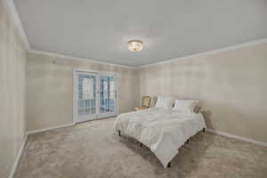 Bedroom featuring access to outside, ornamental molding, and light colored carpet
