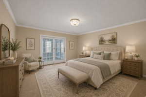 AI version of main floor primary bedroom. Spacious room featuring neutral wall tones, crown molding, a ceiling-mounted light fixture, and double French doors with transom windows