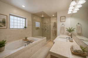 AI verion of main floor primary ensuite. Tiled bathroom featuring a built-in soaking tub, a glass-enclosed shower, dual sinks with a tiled countertop, and a glass block window