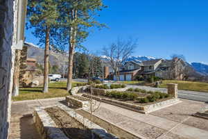 View of raised beds yard featuring a mountain view, driveway, and a garage