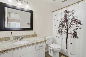 Bathroom with vanity and curtained shower