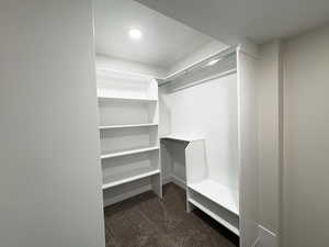Master walk in closet featuring dark carpet