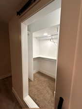 Walk in closet with dark carpet