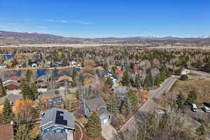 Aerial view of residential area with mountains