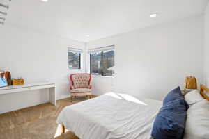 Bedroom featuring light colored carpet and recessed lighting