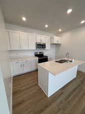 Kitchen with white cabinets, stainless steel appliances, dark wood-style floors, a center island with sink, and recessed lighting