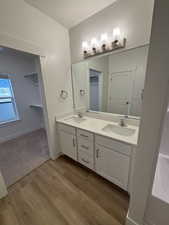 Full bath featuring double vanity, light wood-style floors, and a walk in closet