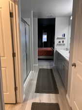 Master bathroom view from closet