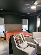 Master Bedroom with multiple windows, carpet flooring, and ceiling fan