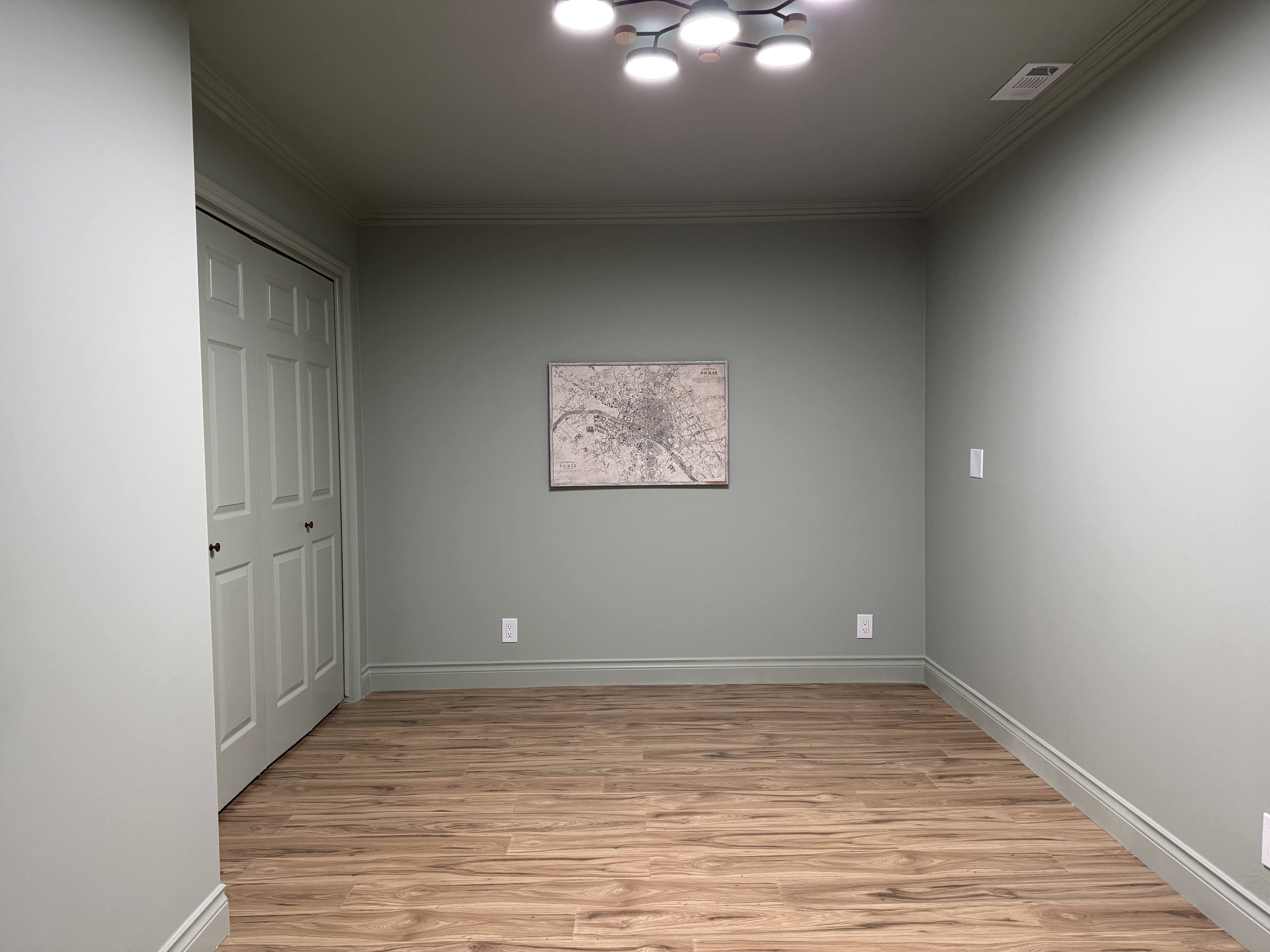 Neutral-toned room featuring wood-finish flooring, a contemporary ceiling light fixture, and a bifold closet door