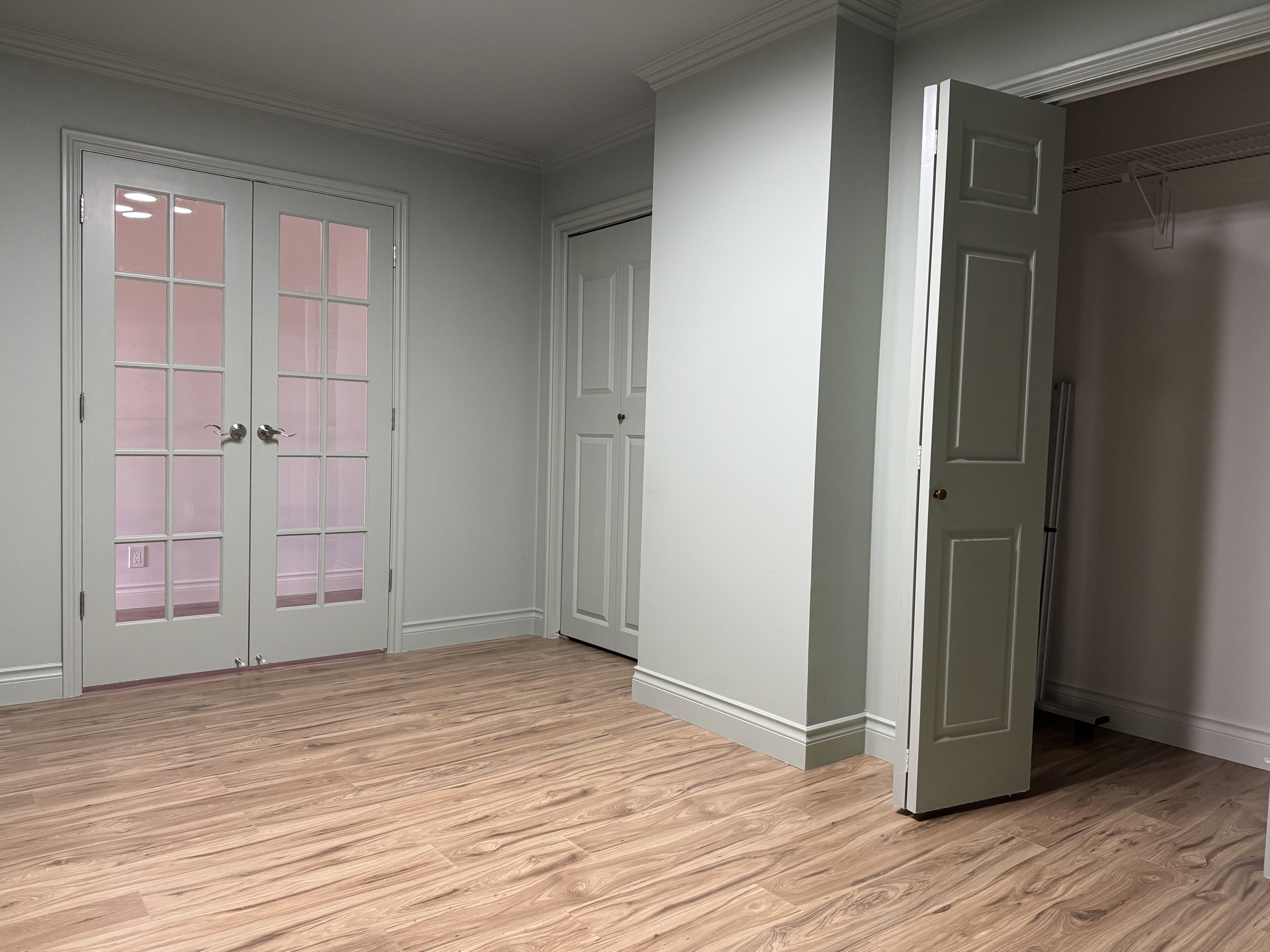 Room featuring wood-finish flooring, light grey walls, and white trim