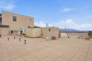 View of patio featuring a mountain view