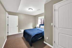 Bedroom with dark colored carpet
