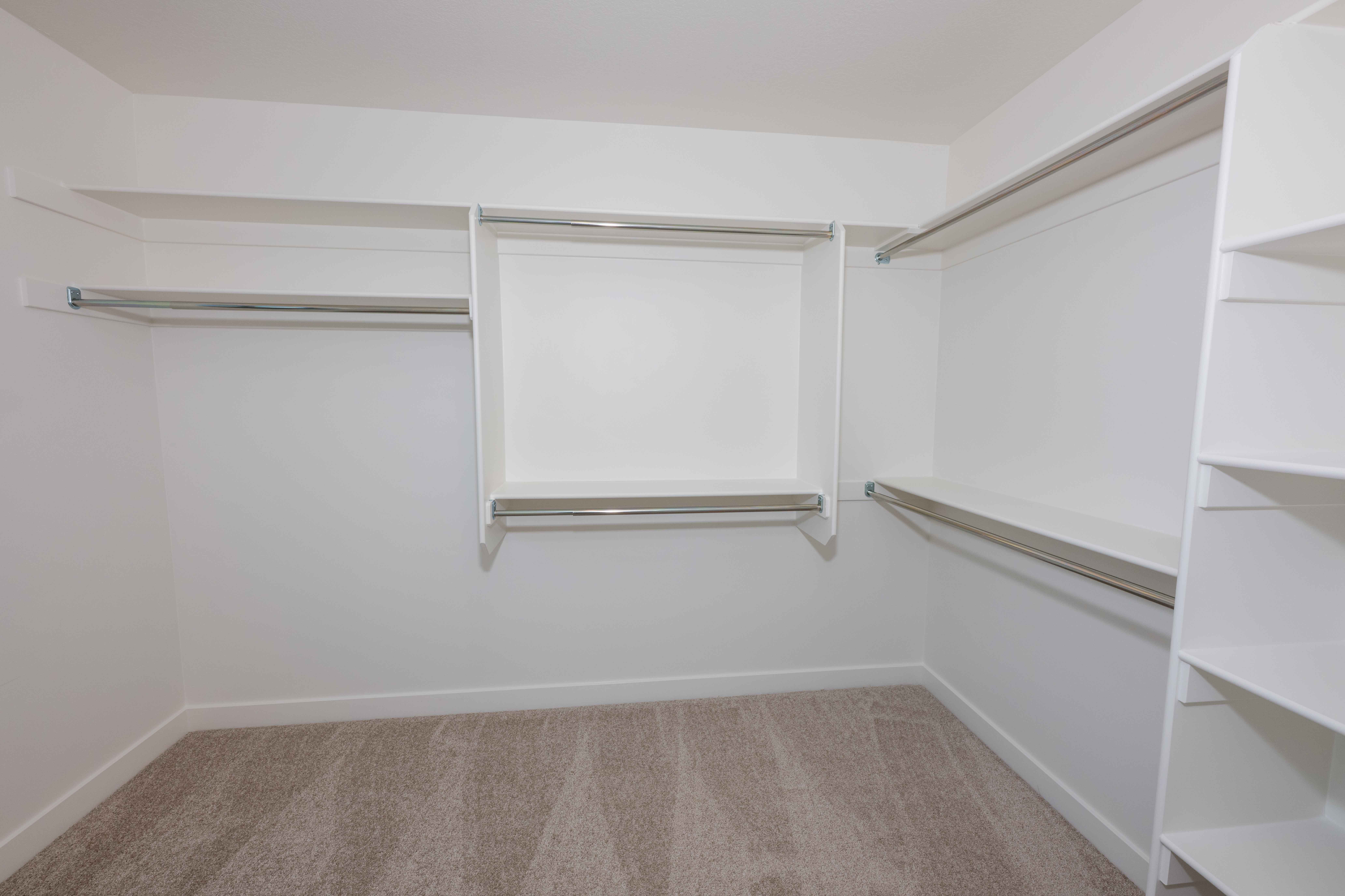Walk in closet with light colored carpet