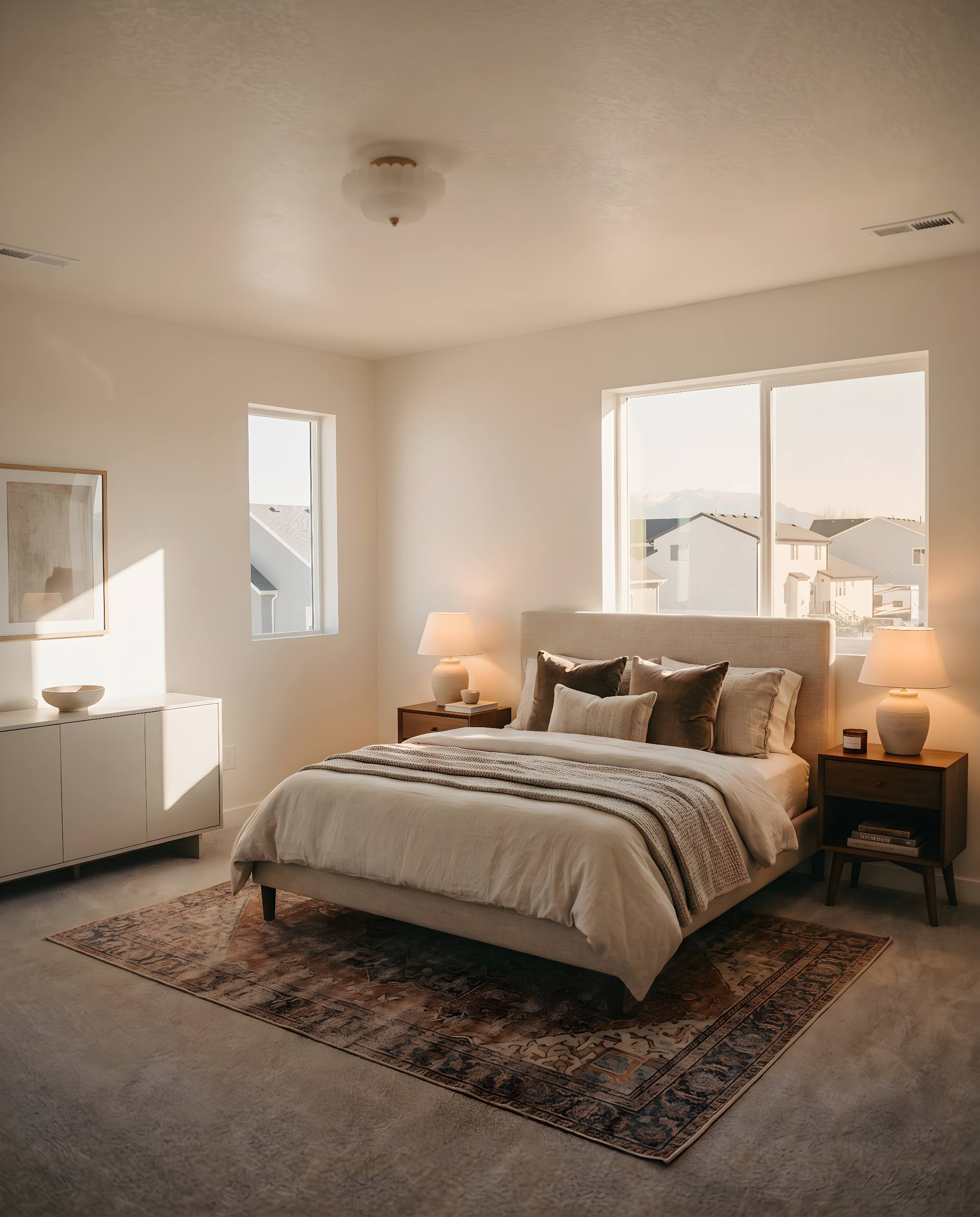Spacious room featuring neutral carpeting and multiple windows for abundant illumination
